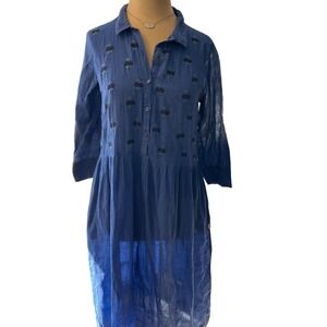 floral embroidered lightweight cotton‎ dress Med midi 3/4 sleeve collar boho